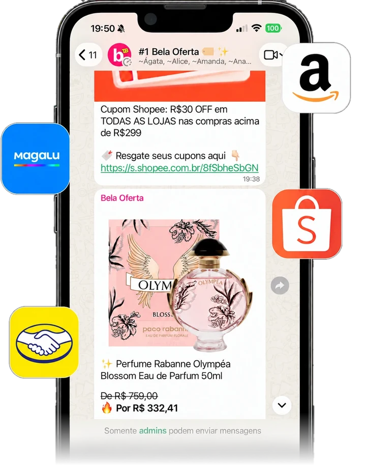 Celular com o grupo #1 Bela Oferta aberto no WhatsApp: um post de cupom da Shopee e a oferta do perfume Rabanne Olympéa Blossom, de R$ 759,00 por R$ 332,41